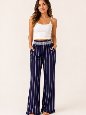 GUESS Los Angeles Navy Wide-Leg Striped Pants / Wide Leg Hippie Pants / Summer